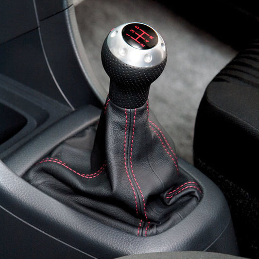 Genuine Suzuki Swift Aluminium & Black Gear Knob With Black Leather Boot And Red Stitching